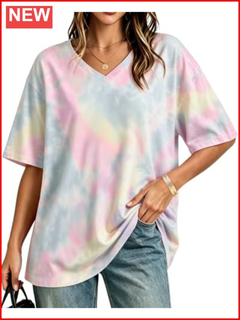 Oversized V Neck Tee Tie Dye Short Sleeve Cotton Spandex T Shirt